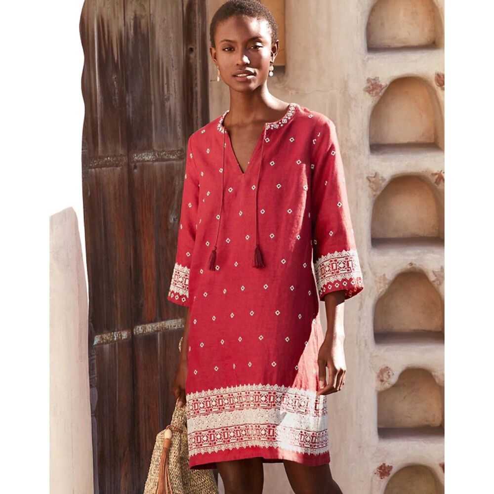 Garnet Hill Red Embroidered Tassel Tunic Dress